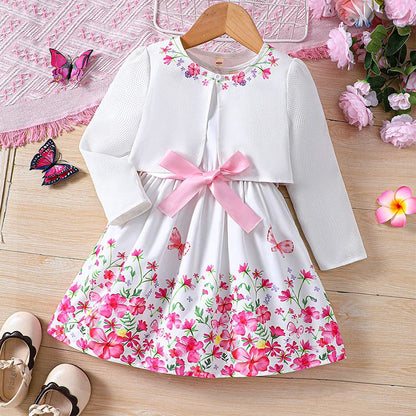 Kids Casual Clothing Sets Outfits For Girls Spring Summer Toddler Floral Print Long Sleeve Coat Tank Dress Children Clothes