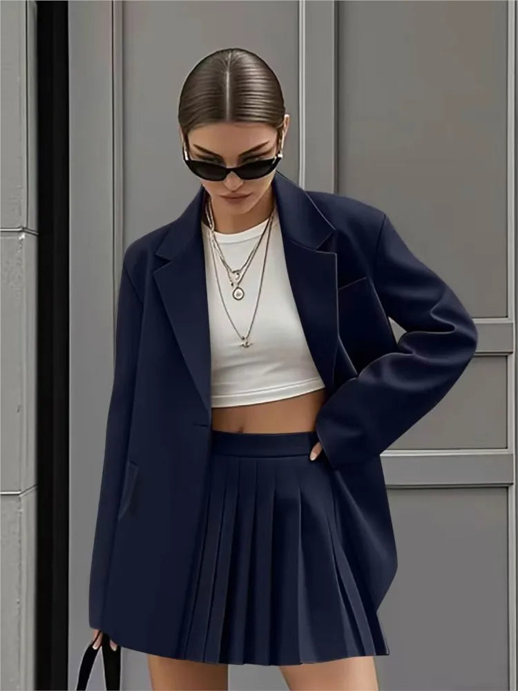 Women's New Fashion Casual Two-Piece Sets Pleated Skirt Suits Women Spring Autumn Office Ladies Solid Suit Coat And Skirt Set