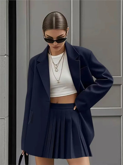 Women's New Fashion Casual Two-Piece Sets Pleated Skirt Suits Women Spring Autumn Office Ladies Solid Suit Coat And Skirt Set