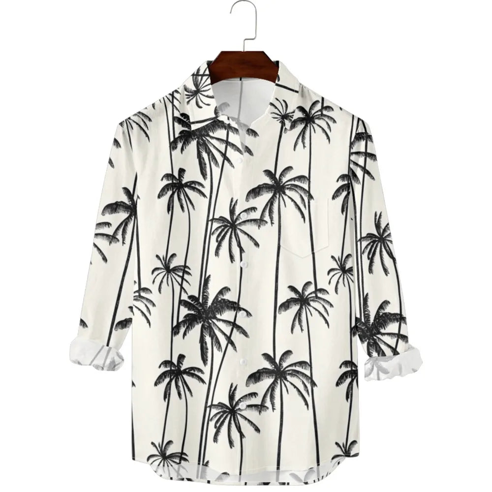 Hawaiian Men Shirts Sunset Oasis Palms Print Full Sleeve Streetwear Button Up Casual Beach to Bar Parties Poolside Shirt Pocket
