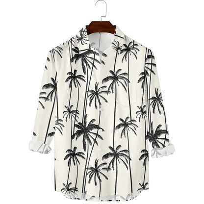 Hawaiian Men Shirts Sunset Oasis Palms Print Full Sleeve Streetwear Button Up Casual Beach to Bar Parties Poolside Shirt Pocket