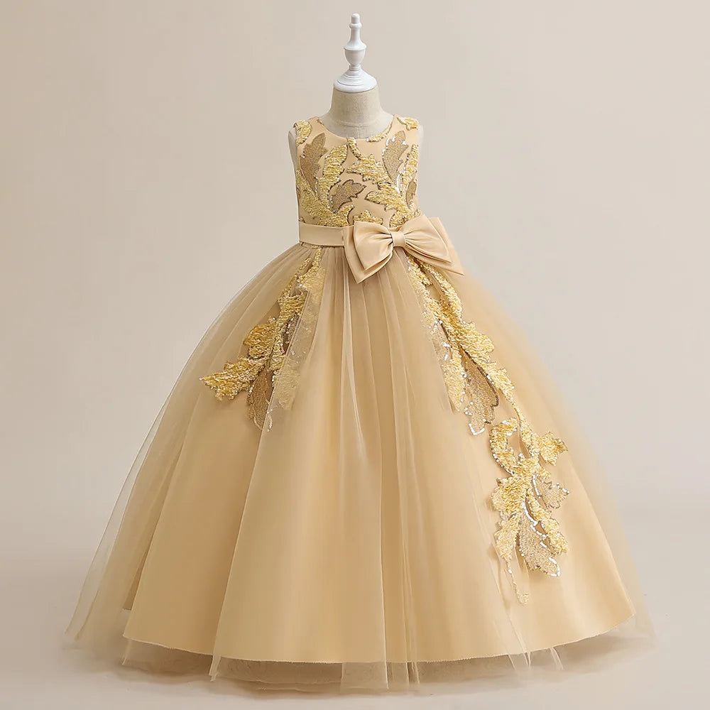 Formal Party Dress For Teenage Girls Tulle Sequins Embroidery Princess Dress For Kids Wedding Birthday Pageant Prom Maxi Gown