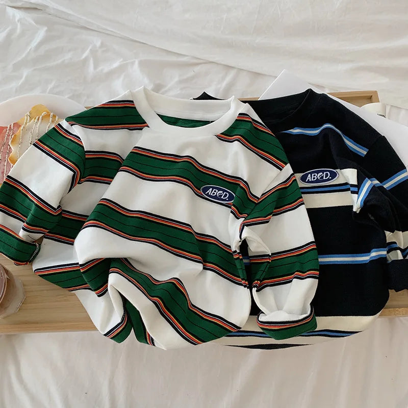 Children Girls Long Sleeves Shirts 2-7 years Bottoming Cool Boys Stripe Cotton T-shirt Teen Loose Casual 2-7y Kids Top Clothes