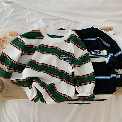 Children Girls Long Sleeves Shirts 2-7 years Bottoming Cool Boys Stripe Cotton T-shirt Teen Loose Casual 2-7y Kids Top Clothes