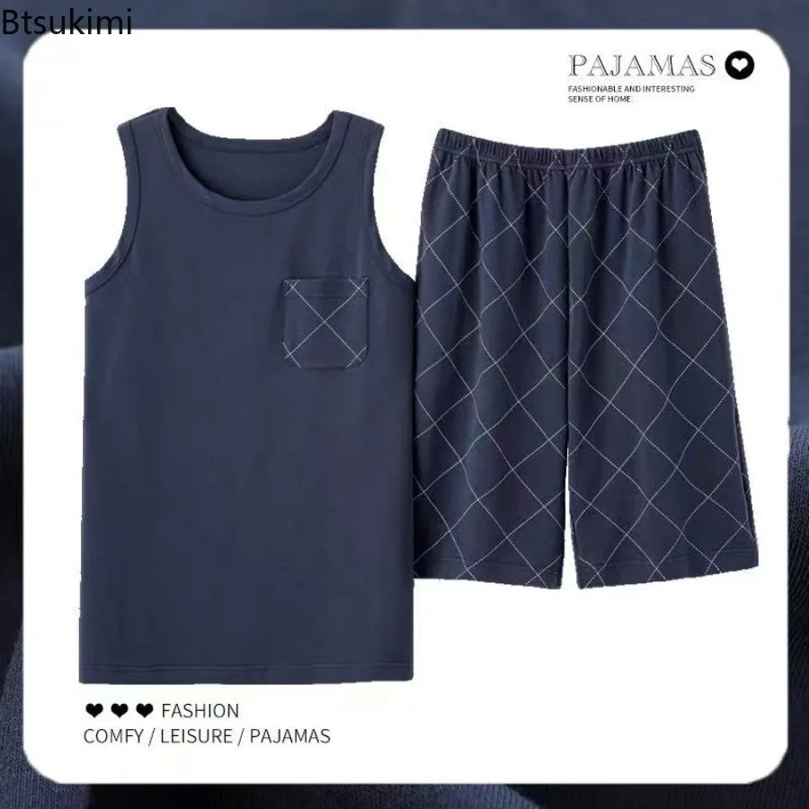 2026 New Men's Pajamas Sets Casual 100% Cotton Home Wear Sleeveless O-Neck Vest and Shorts Two Piece Sets Summer Couple Pajamas