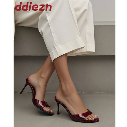 Heeled Footwear Female Slides Women Slippers Summer Spring Fashion Round Toe Ladies Thin Heels Slippers Sandals Pumps Shoes