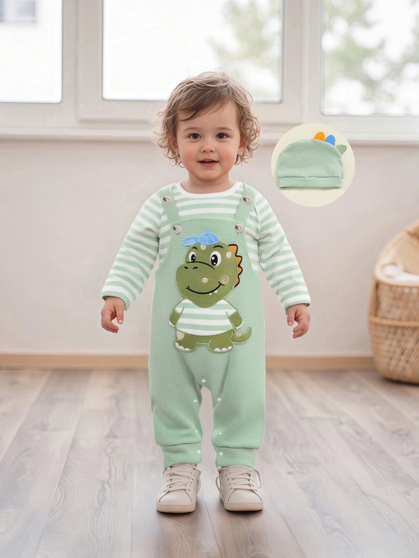 Infant Newborn Baby Boys 3Pcs Outfit Cute Baby Clothes Long Sleeve Striped Romper Animal Embroidery Overalls Hat
