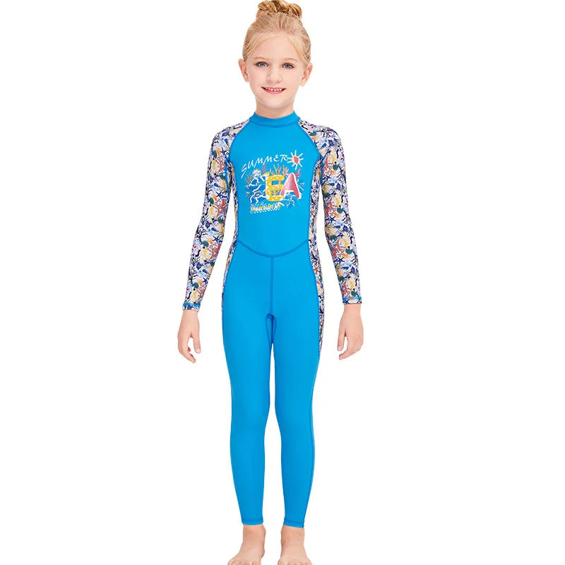 Boys Girls One-Piece Swimsuits Swimwear Long Sleeve Wetsuits Bathing Suit Beachwear Sun Protection(Including Swimming Cap)
