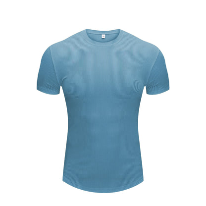 Men's Muscle Shirts Short Sleeve Casual Slim Fit Workout Tshirts Striped Curved Hem Light Weight Elastic