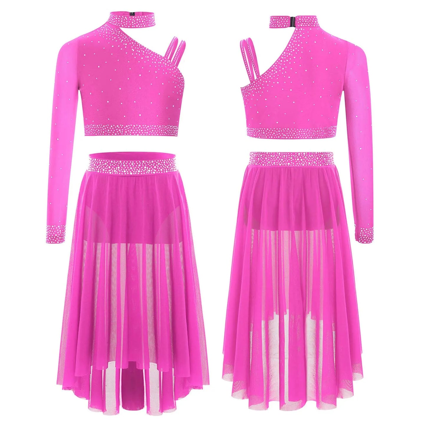 Girls Lyrical Dance Set Rhinestones Tops One Shoulder Crop Top with Side Slit Irregular Mesh Skirt Modern Contemporary Dancewear