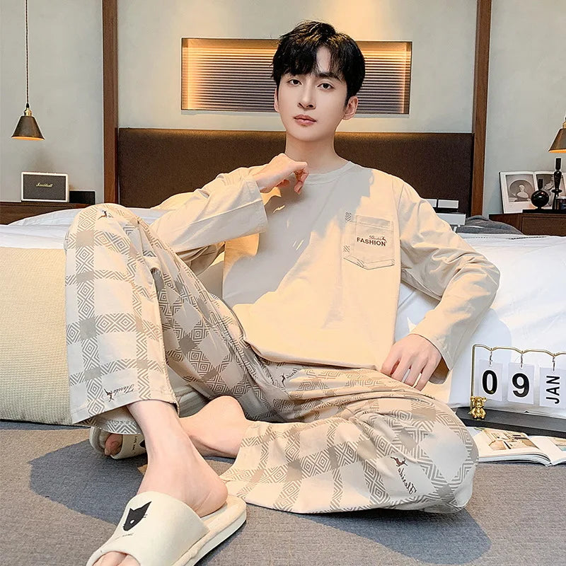 Pajamas for Men Spring Autumn Long Sleeve Lapel Button-up Cardigan Trousers Two-pieces Loose Casual Home Clothes Men Pajama Sets