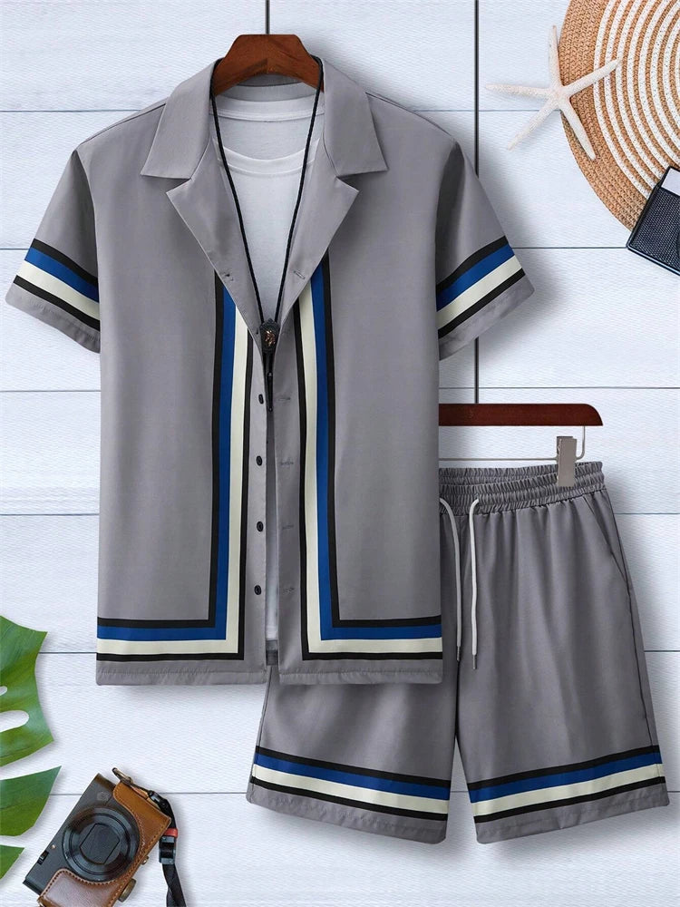 2024 New Men's Beach Wear 2-Piece Quick Drying Hawaiian Shirt and Shorts Set Summer Men's Fashion Striped Print Casual Wear