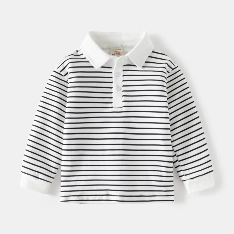 Long Sleeve Polo Shirts for Boys Spring Autumn Children Cotton Full Sleeve Shirt Black White Striped Classic Tops Baby Clothes