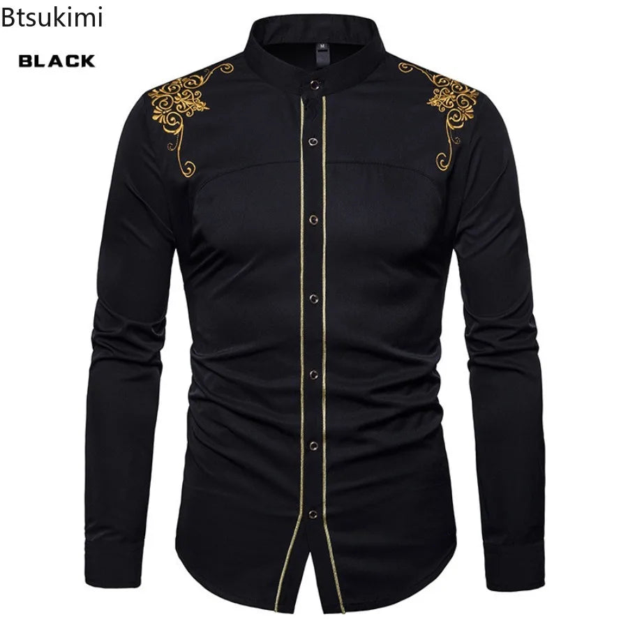 Men's England Style Embroidery Shirts Long Sleeve Lapel Single-breasted Casual Social Party Dress Shirts Men Street Clothing New