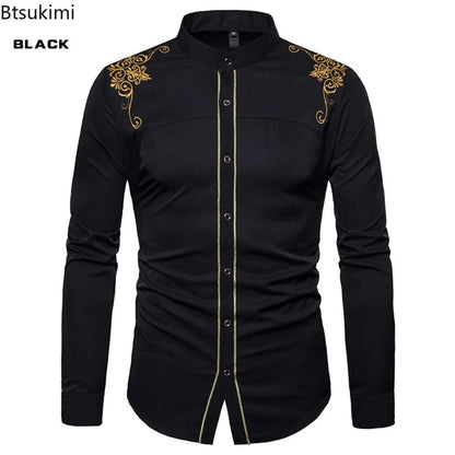 Men's England Style Embroidery Shirts Long Sleeve Lapel Single-breasted Casual Social Party Dress Shirts Men Street Clothing New