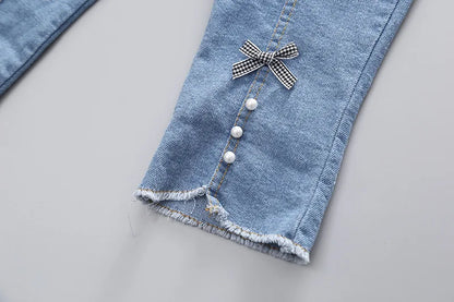 Spring newborn Baby Girls' Clothes Outfit sets Knitted Vest Shirt Bow Jeans suit for Girls Baby clothing 1st birthday wear sets