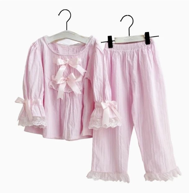 Girls Cotton Pajama Set Long Sleeve Kids Sleepwear Loungewear Comfy Home Clothes Basic Solid Color 2 Piece Outfit Summer Wear