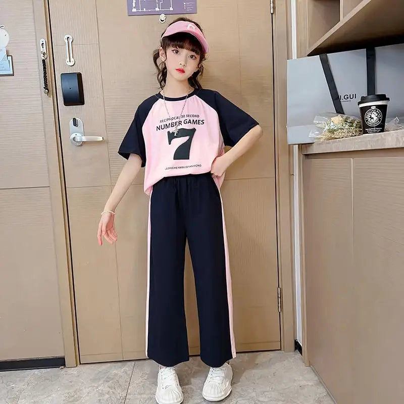 Girls 2023 Summer New Fashion Trendy Short Sleeve Suits 4 6 8 10 12 14 Years Youth Teenage Girls Korean Style 2Pcs Tees Clothes