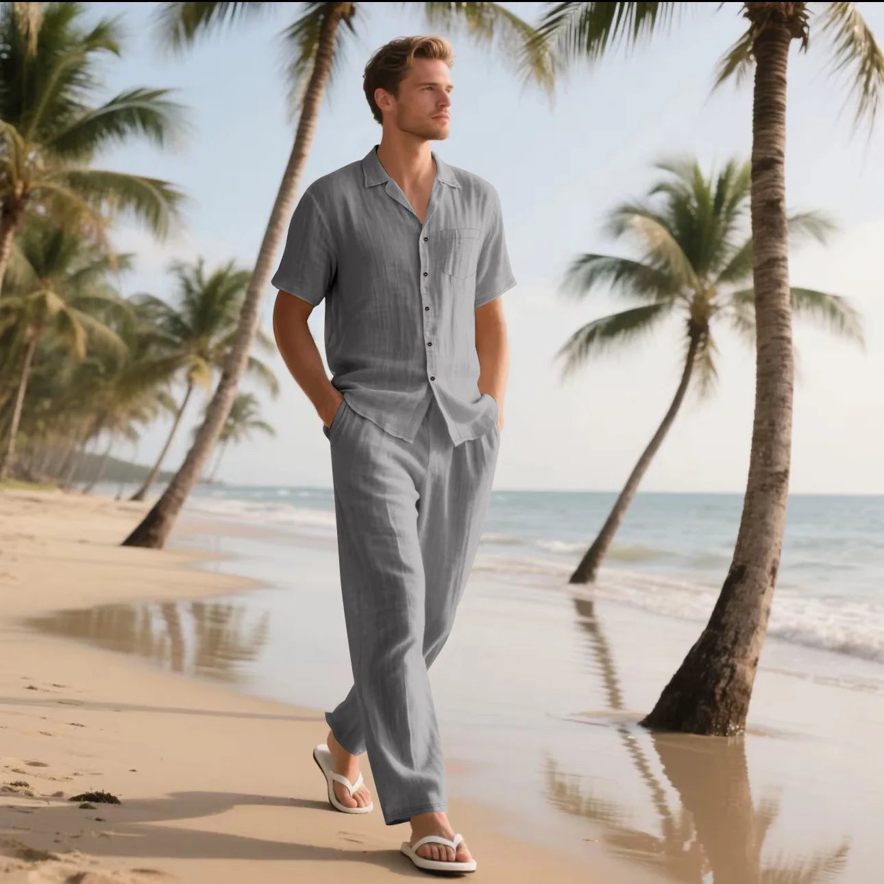 2025 Summer Beach Men's Linen Short Sleeve Shirt Set Is a Two-piece Long Trouser Set Suitable for Casual Daily Beach Holidays