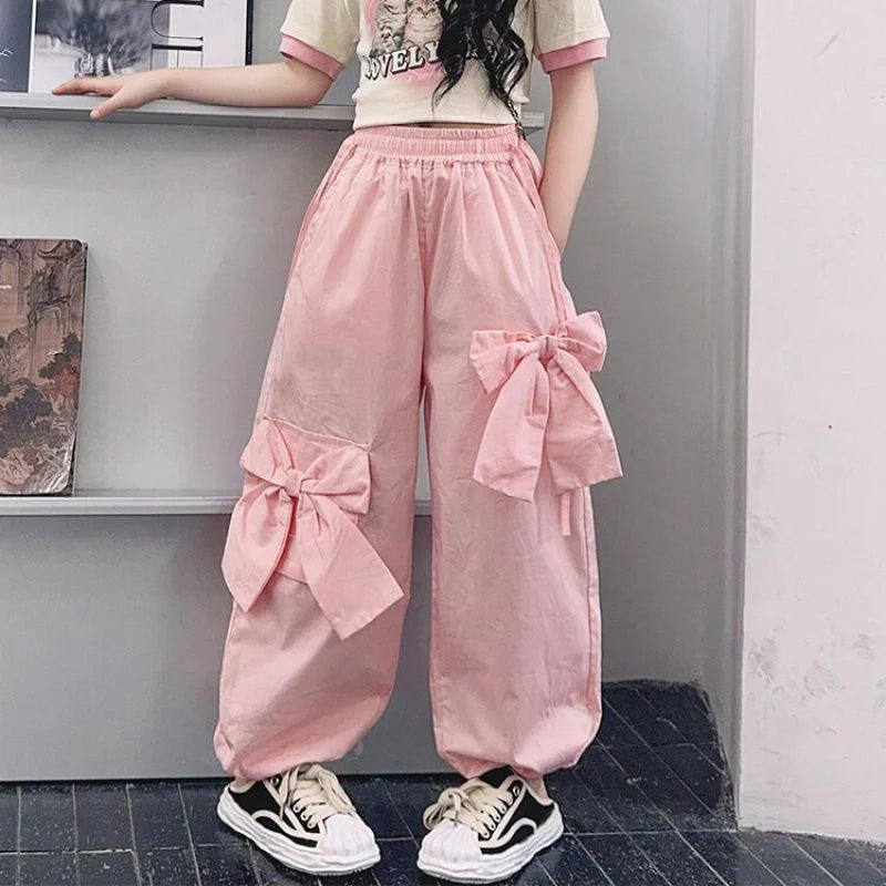 Girls Bow Cargo Pants 2025 New Kids Spring Sweet Trousers Children Autumn Fashion Loose Pants Teenager Wide Leg Clothing