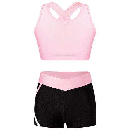 Kids Girls Dance Gymnastics Outfits Ballet Crop Top with Shorts Tracksuit Set 2 PCS Yoga Sports Workout Summer Girl Clothing
