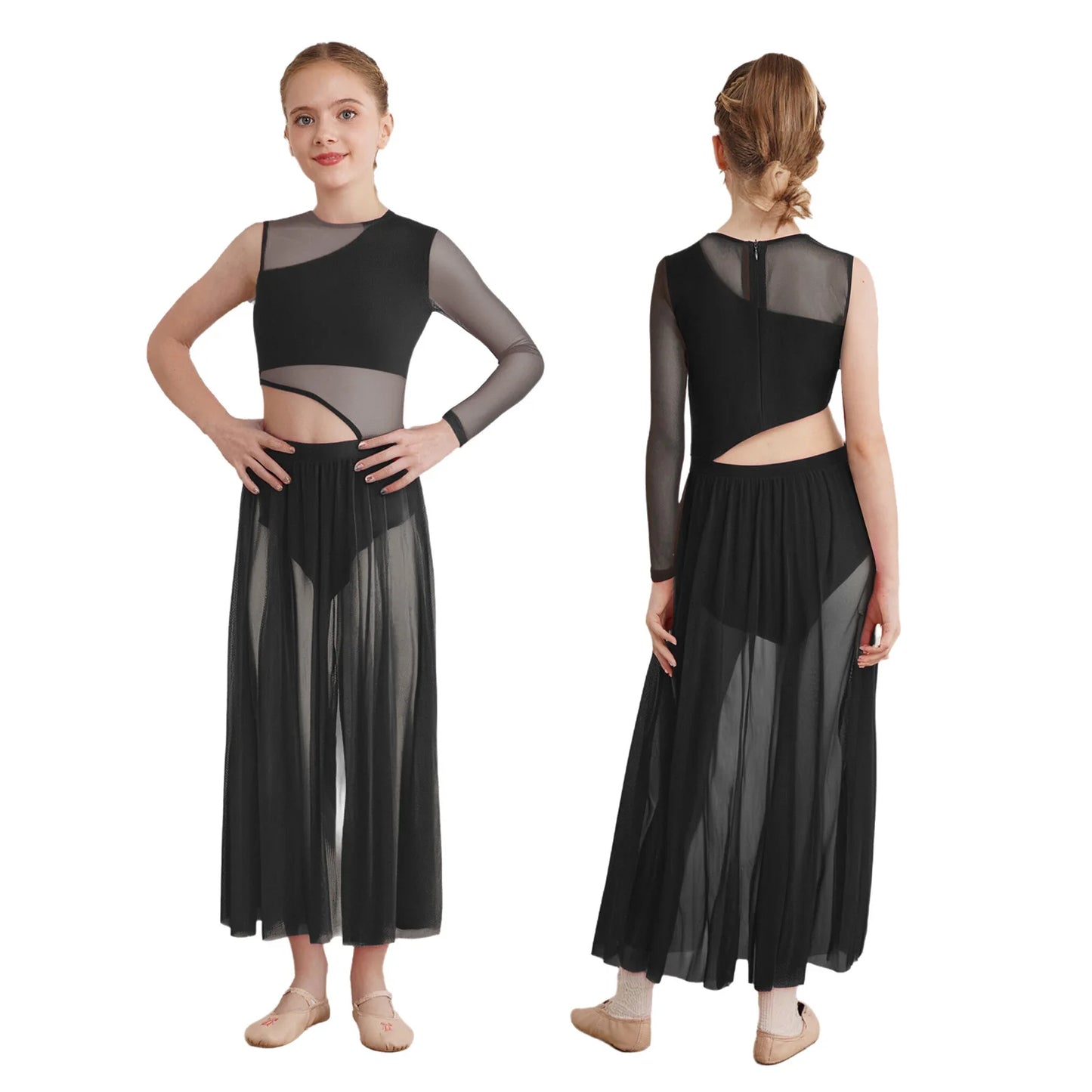 Kids Girls Modern Lyrical Dance Dresses Delicate Applique Keyhole Back Side Split Irregular Hem Asymmetrical Ruched Mesh Dress
