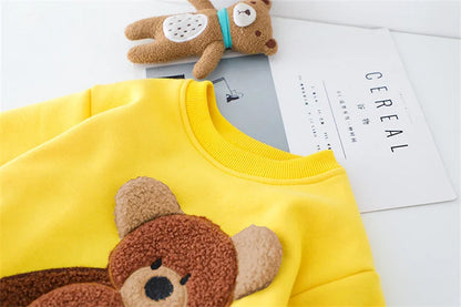 Baby boy clothes autumn winter plus velvet warm thickening suit boys and girls cartoon bear sweater + corduroy pants baby 2pcs