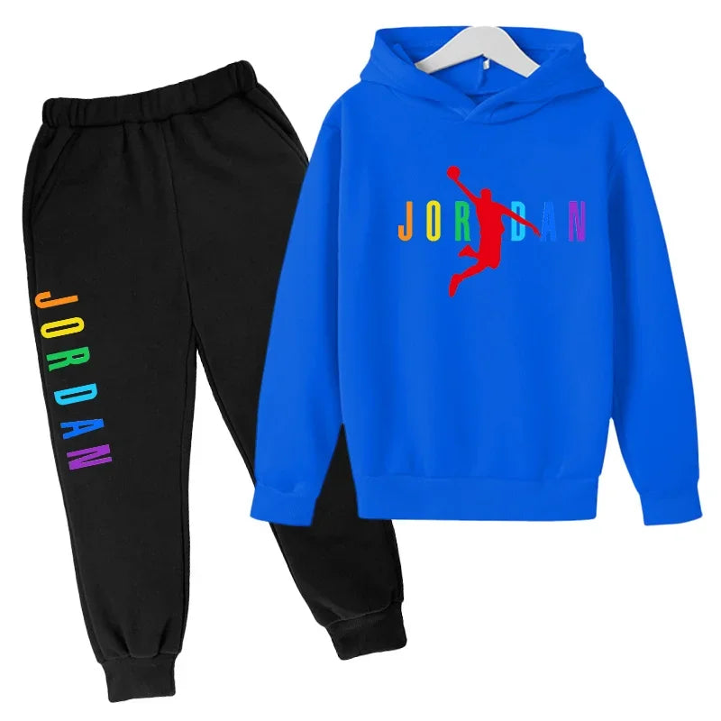 Children Sports Coat 3-13 Years Hoodie Basketball Letter Print Boys Sweatshirt Girls Toddler Top + Trousers 2P Stylish Casual Se