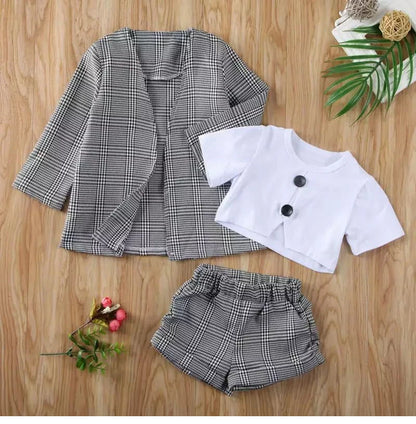 Baby Girls Clothes Sets Infant Toddler White Top T-Shirt+Grey Checkered Suit+Short 3PCS Costumes For Girls 2025 Girls Outfit Set
