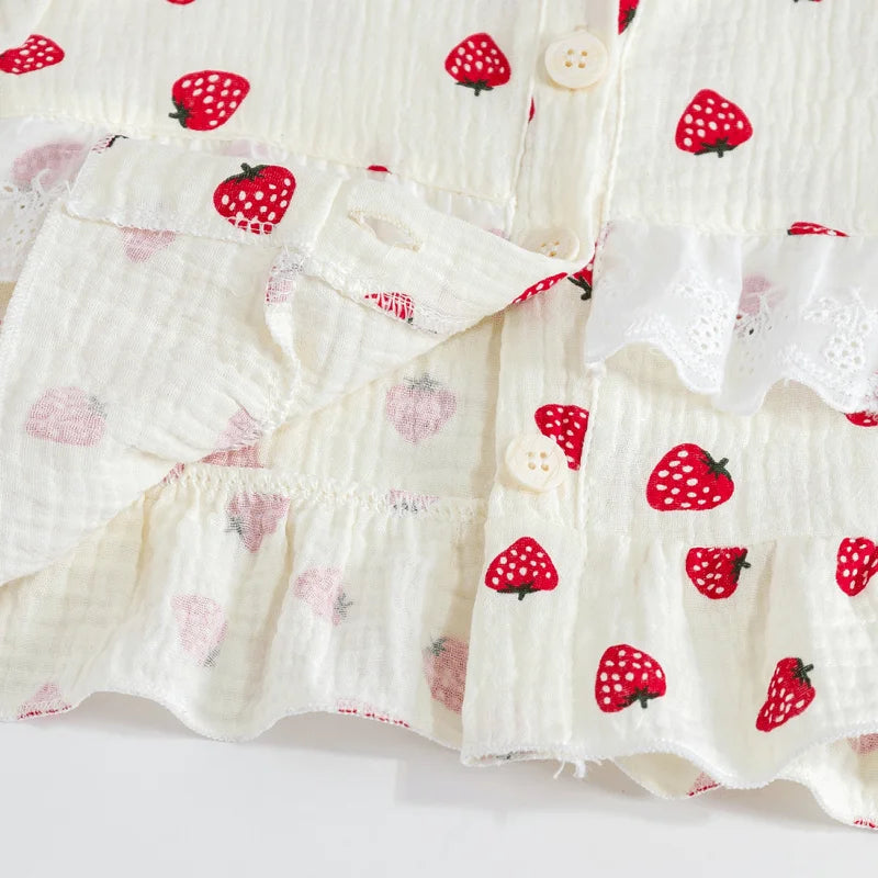 Baby Girl Cotton Sleepwear Infant Toddler Lace Strawberry Print Pajamas Set Homesuit Spring Autumn Nightwear Baby Clothes 1-7Y