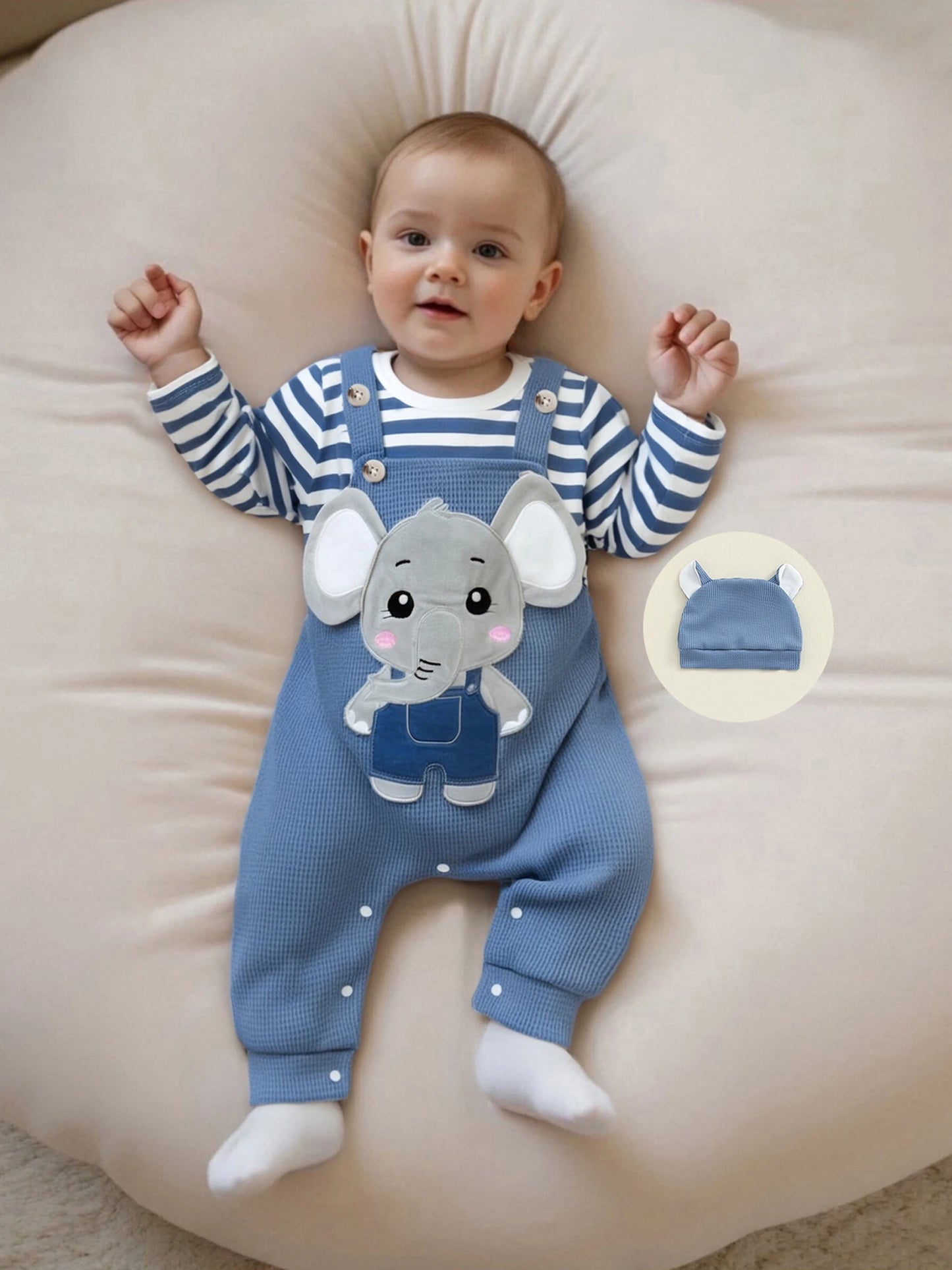 Infant Newborn Baby Boys 3Pcs Outfit Cute Baby Clothes Long Sleeve Striped Romper Animal Embroidery Overalls Hat