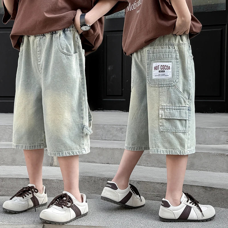 Kids Boy Loose Straight Denim Shorts with Pockets Children Fashion Trendy Hip-Hop Casual Mid Calf Jeans Shorts High Quality