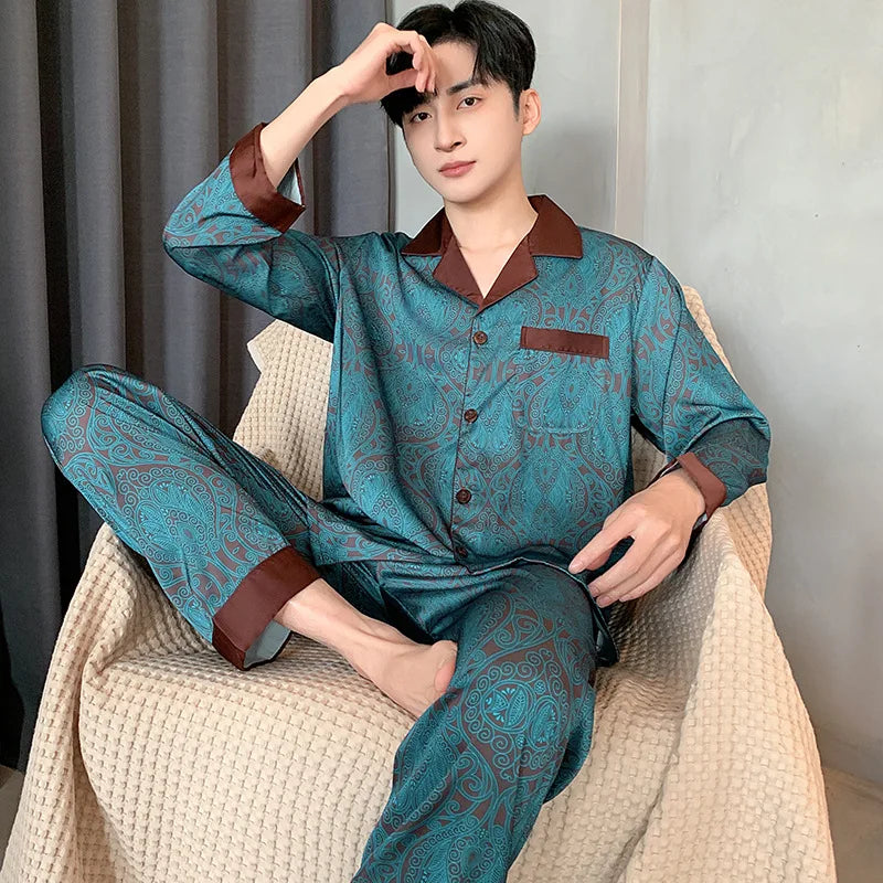 Large Size 3XL Men Pajama 2Pcs Set Summer New Short Sleeve Shorts Pijamas Suit Loose Ice Silk Satin Sleepwear Male Home Clothes