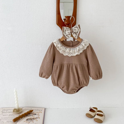 Baby Girls Clothes Toddler Autumn Winter Long Sleeve Lace Romper With Headwear For Infant Homewear Jumpsuit Baptism Overall