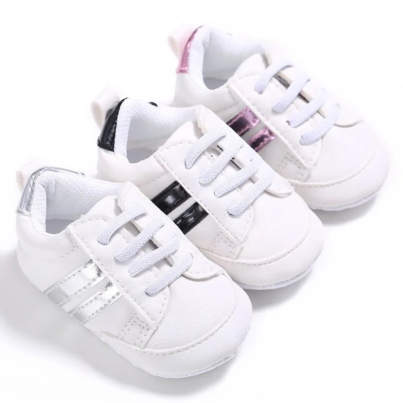 Newborn Baby Boys Shoes for 1 Year Footwear with Striped Infant Casual PU Leather Toddler Soft Sole Girls Sneakers First Walkers