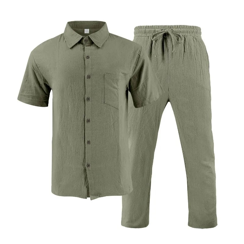 Men's Holiday Suits Summer Short Sleeve Shirts Pant Breathable Linen Beach Casual American Style Shirt Sets Leisure Trip Clothes