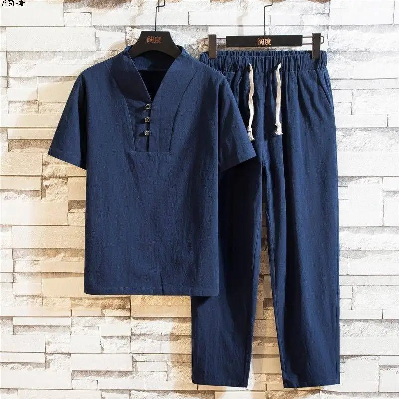 Chinese Style Summer Linen Suit Two-piece Set Men's Cotton Linen Short-sleeved T-shirt Loose Casual Pants
