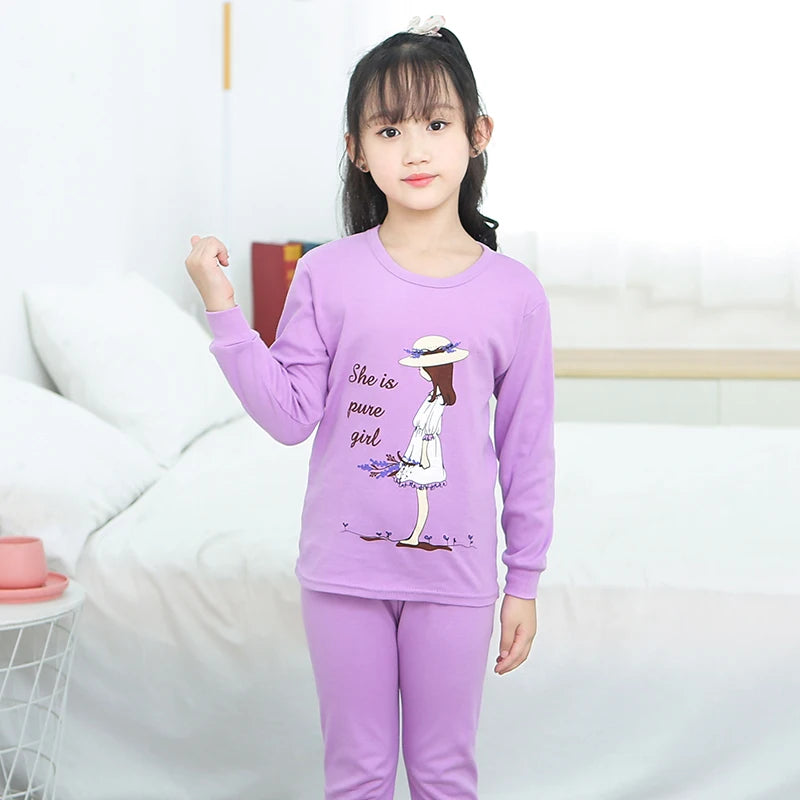Girls' pure cotton underwear spring and autumn cartoon print loungewear set children's pajamas comfortable crew neck topandpants