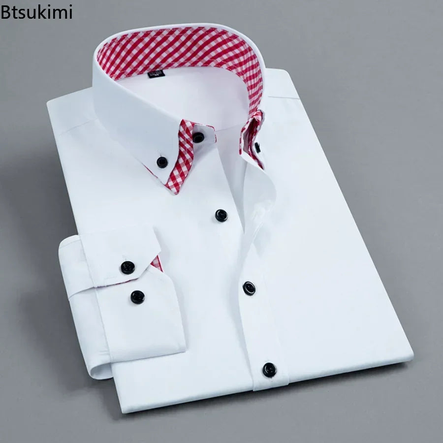 2026 Men's Dress Shirt Non Iron Fashion Double layer Long Sleeve Business Formal Regular Fit Office Camisa Social Shirts Male