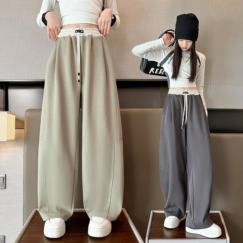 Girls Wide Leg Drawstring Pants Kids Fashion Loose Pants Children Straight Sweatpants High Waisted Spring Autumn Casual Trousers