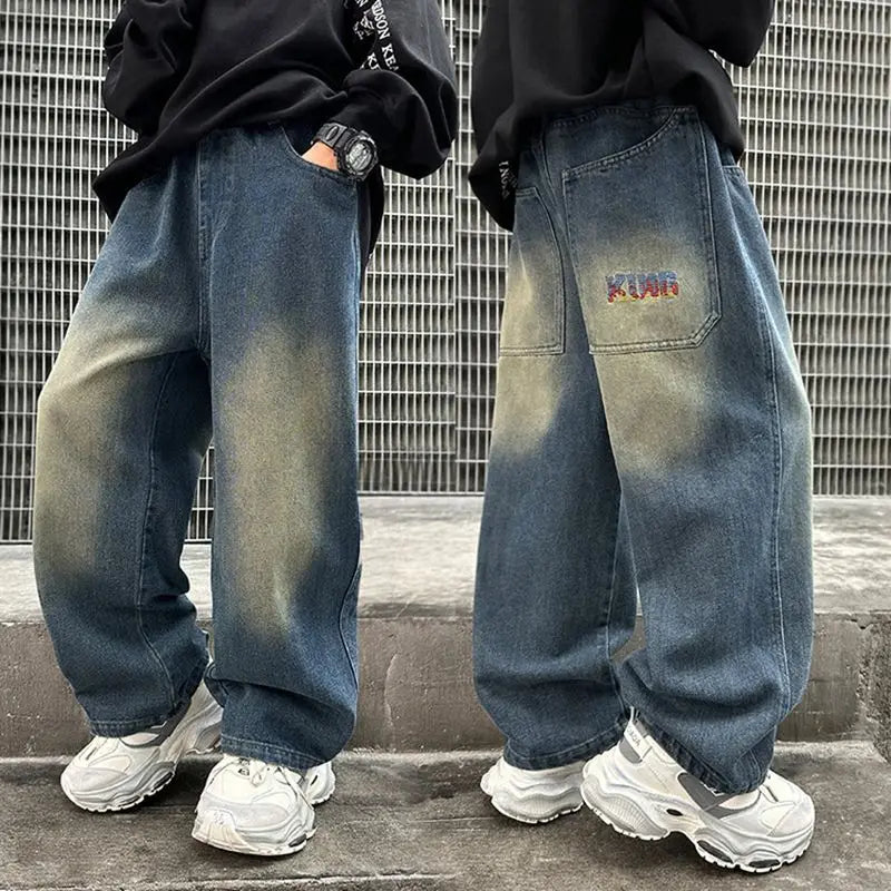Boy Jeans For Teenage Casual Style Letter Pattern Loose Pants For Children Toddler Kids Clothes 4 6 8 9 10 11 12 13 14 Years