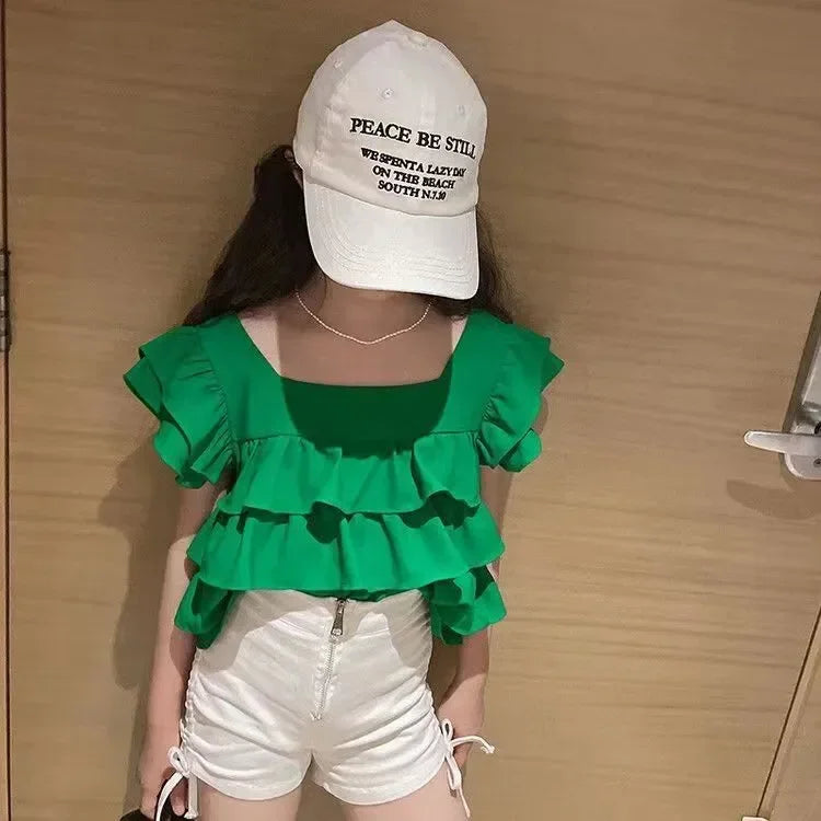 Girls Tops Vest Summer New White Ruffles Sleeveless Short Shirt Teens Kids Clothes 12 13 14 Years Children Beach Hooliday Blouse