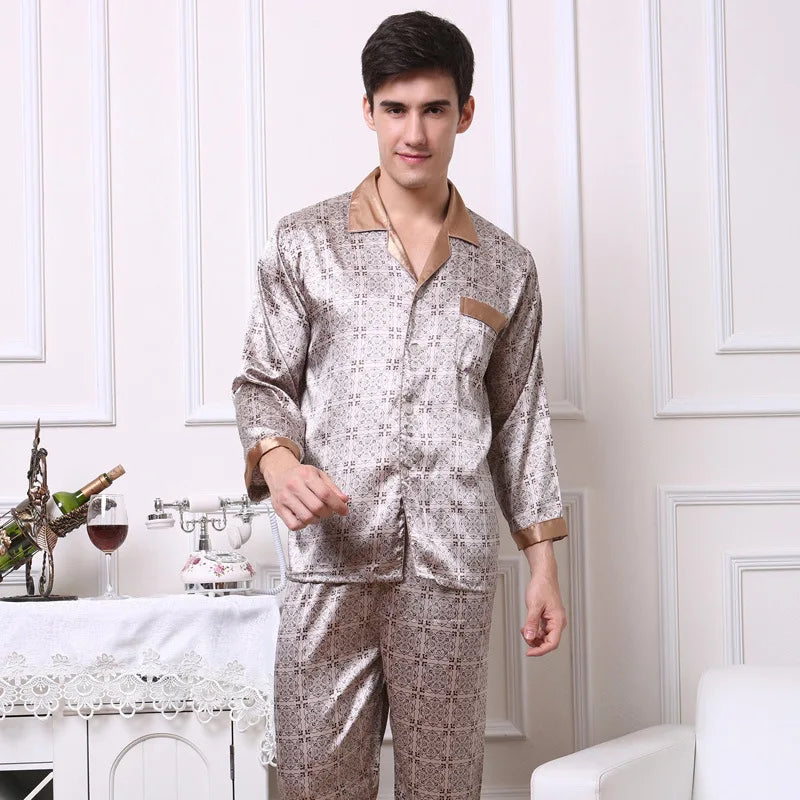 Spring Autumn New Male 2PCS Pajamas Set Sleepwear Print Long Sleeve Trouser Pijamas Suit Loungewear Loose Silk Satin Home Wear