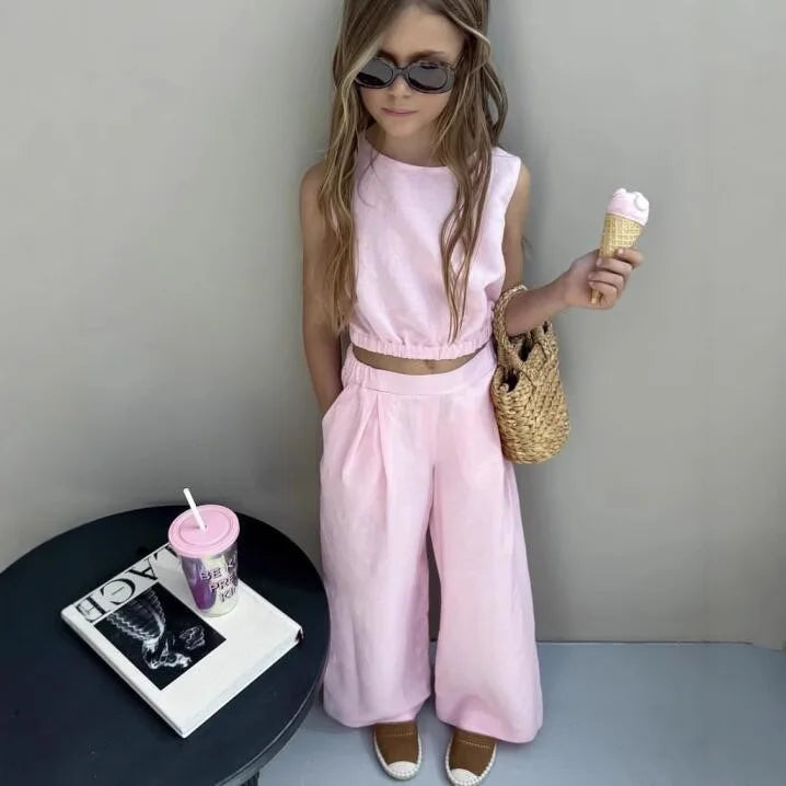Girls Suit 2025 Summer Girls Cotton and Linen Fashion Waist Vest Suit Straight Pants Children's Two-piece Set Fashion