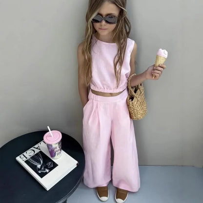 Girls Suit 2025 Summer Girls Cotton and Linen Fashion Waist Vest Suit Straight Pants Children's Two-piece Set Fashion