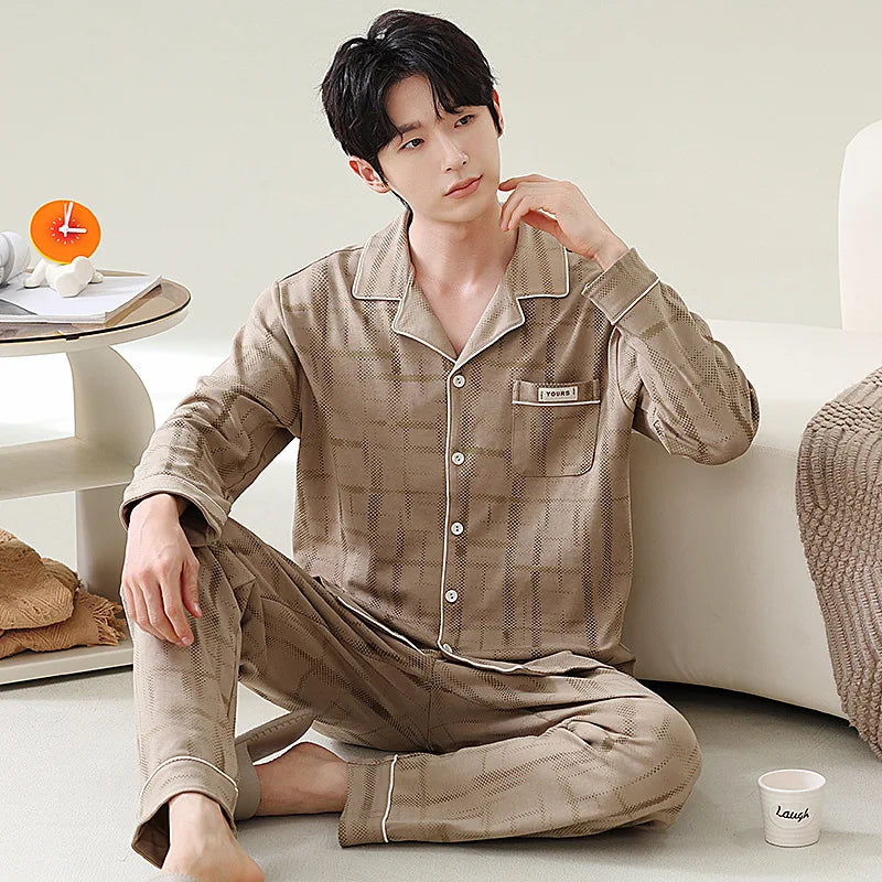 Pajamas for Men Spring Autumn Long Sleeve Lapel Button-up Cardigan Trousers Two-pieces Loose Casual Home Clothes Men Pajama Sets