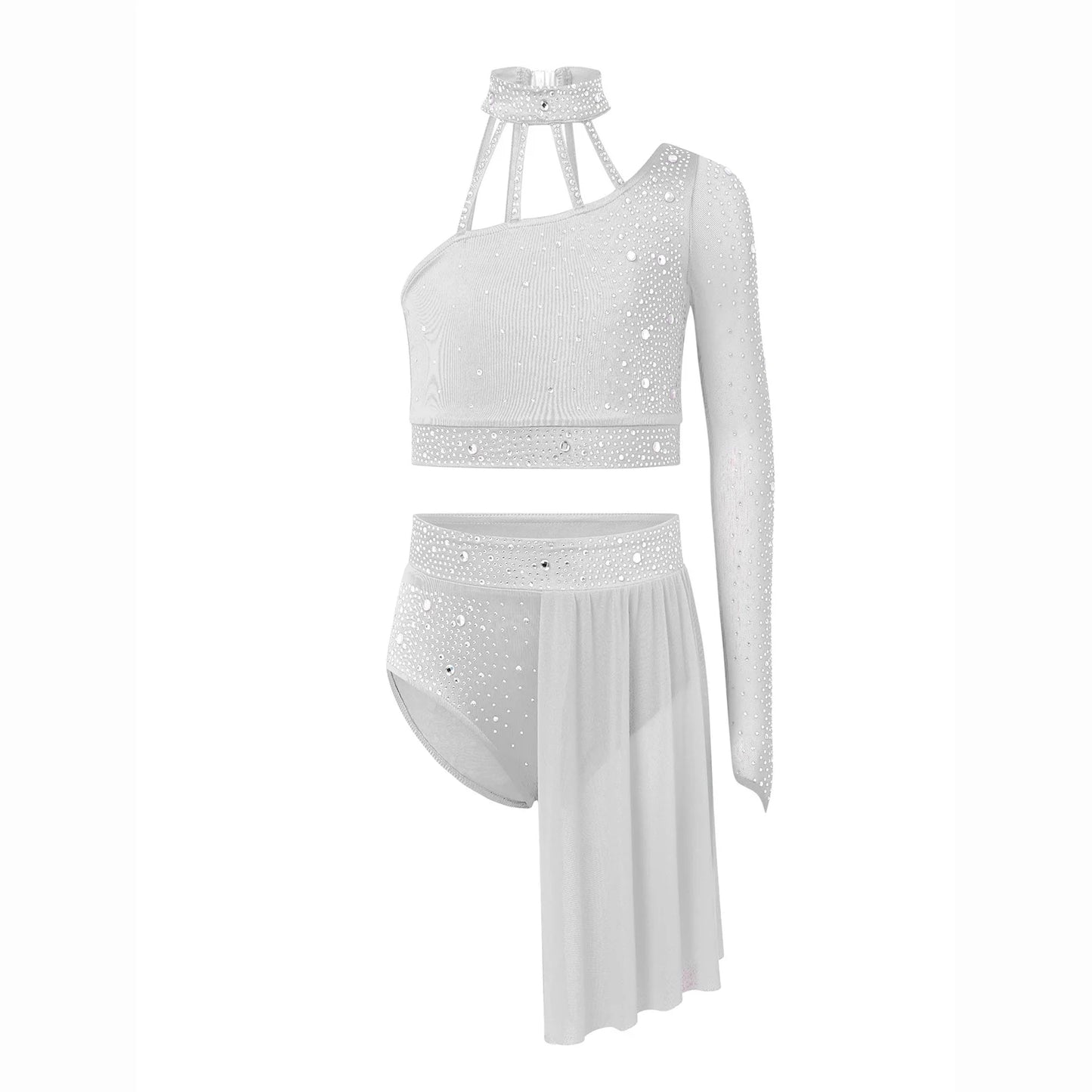 Girls Lyrical Dance Outfit One Shoulder Rhinestone Crop Top with Skirts Modern Contemporary Ballet Gymnastics Skating Dancewear