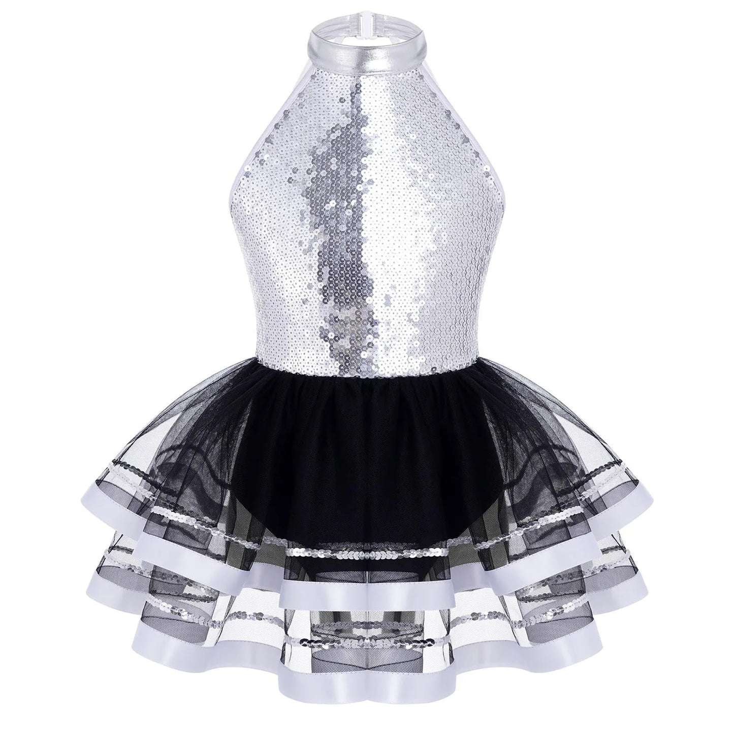 Girls Teens Shiny Sequin Tulle Dress for Ballet Latin Jazz Lyrical Dance Dresses Sleeveless Halter Neck Leotards Tutu Dress
