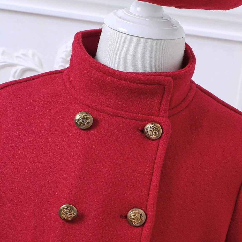 Girls' Red Winter Coat with Hat Long Sleeve Knee-Length Winter Jacket Button Youngsters Outerwear Teen Girl Overcoat For Outings