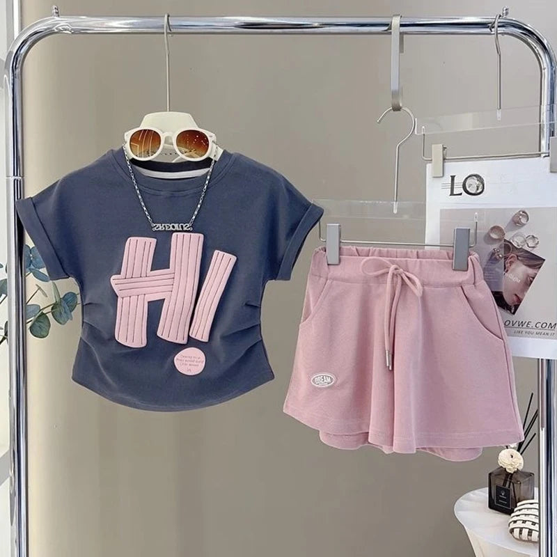 Teen Girls Clothing Set Summer New Letter Print Short-sleeved Tops+Shorts 2Pcs Suit For 4-12 Years Kids Casual Tracksuit Outfits